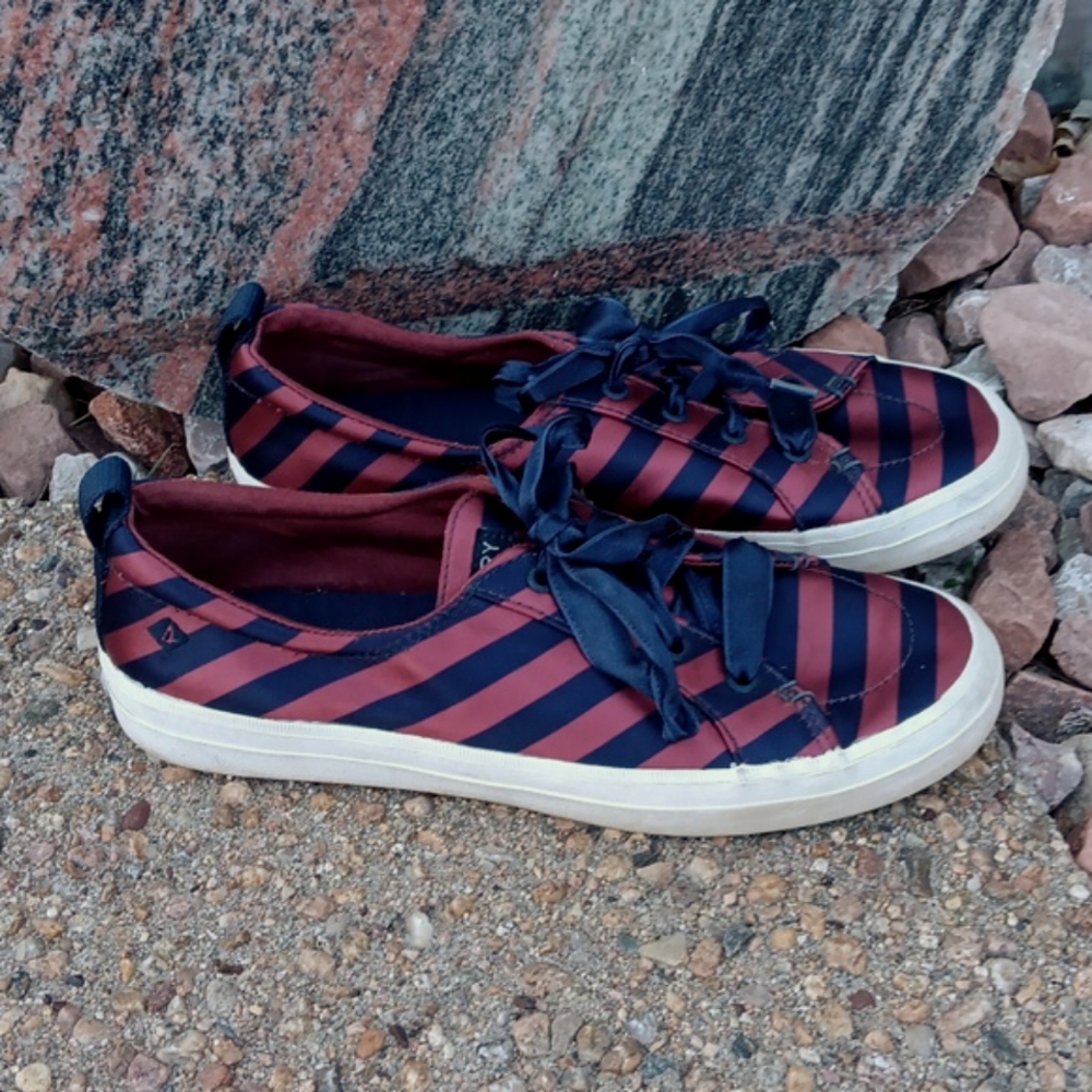 Sperry satin sneakers striped ribbon lace up shoes women's sz 8